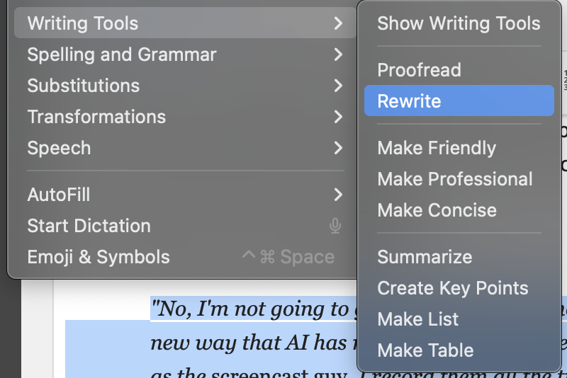 Rewrite option in macOS Writing Tools.