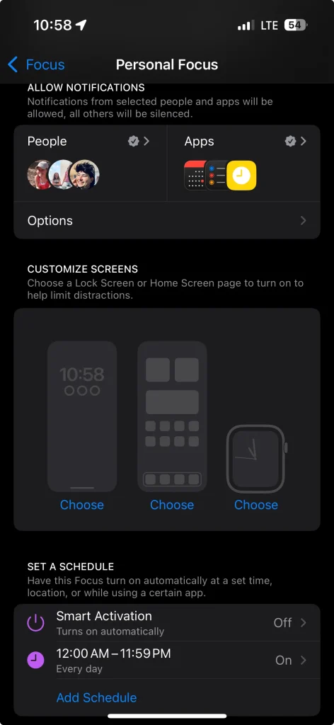 Screenshot of my Focus Setting